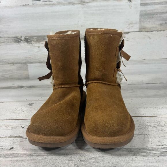 UGG Womens Koolaburra Victoria Short Soft Suede Bow Ankle Boots Brown Size 1 - Picture 4 of 8